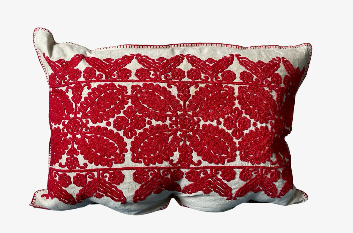 
                  
                    red cream embroidery cushion folk textile irasos pillow hand stitched large vintage couch pillow 
                  
                