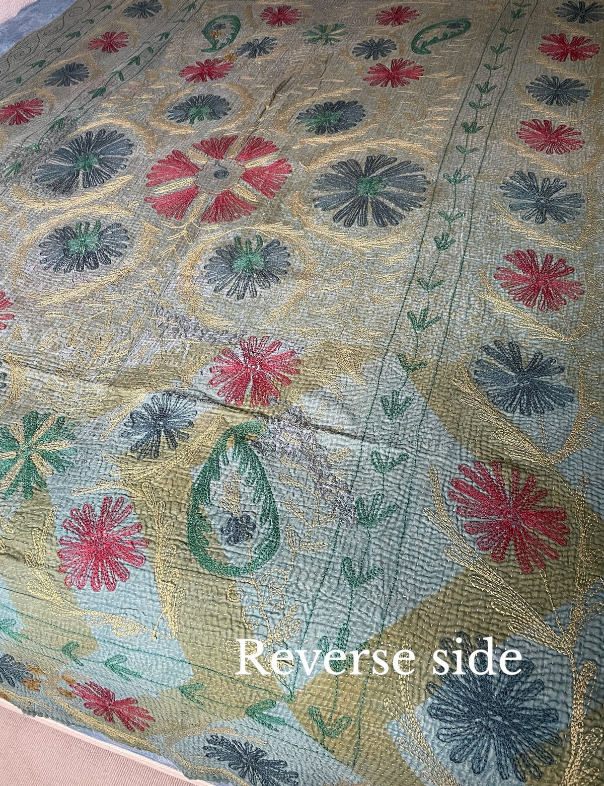 
                  
                    Vintage Kantha Throw Blue Grey with Suzani Embroidery 530
                  
                