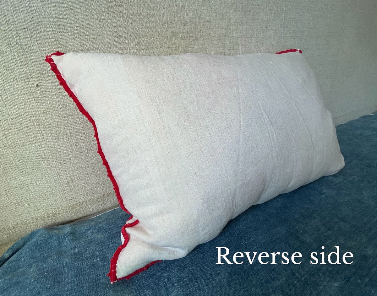 
                  
                    large raspberry red cream pillow hand embroidered irasos cushion for couch bed vintage UK 
                  
                
