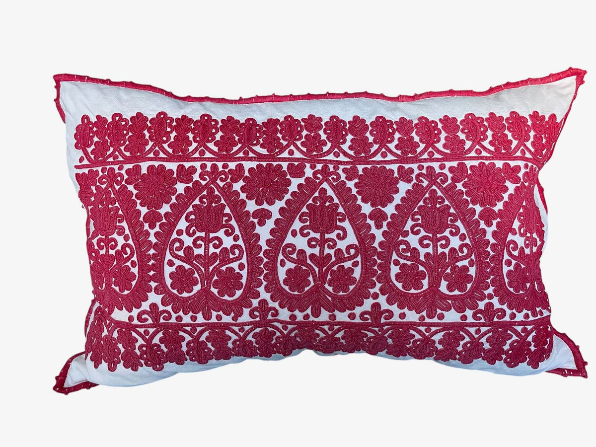
                  
                    large raspberry red cream pillow hand embroidered irasos cushion for couch bed vintage UK 
                  
                