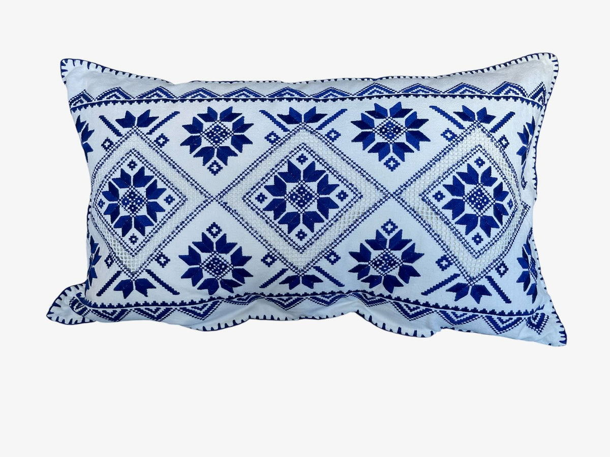 
                  
                    blue star on white cushion hand embroidered vintage pillow folk art textile couch pillow UK
                  
                