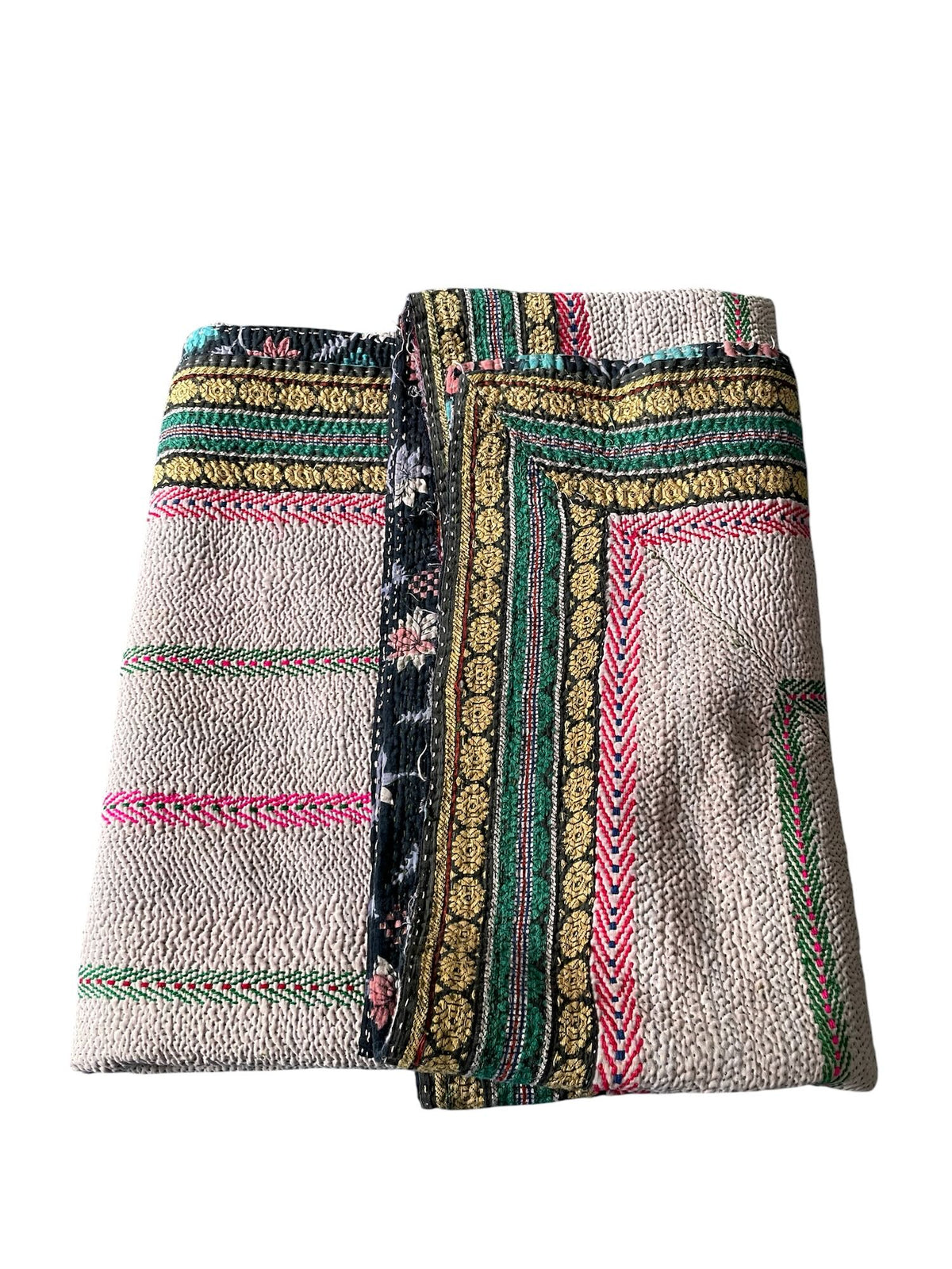 
                  
                    vintage kantha embroidered quilt in white pink. green cotton bedspread sofa throw washable uk
                  
                