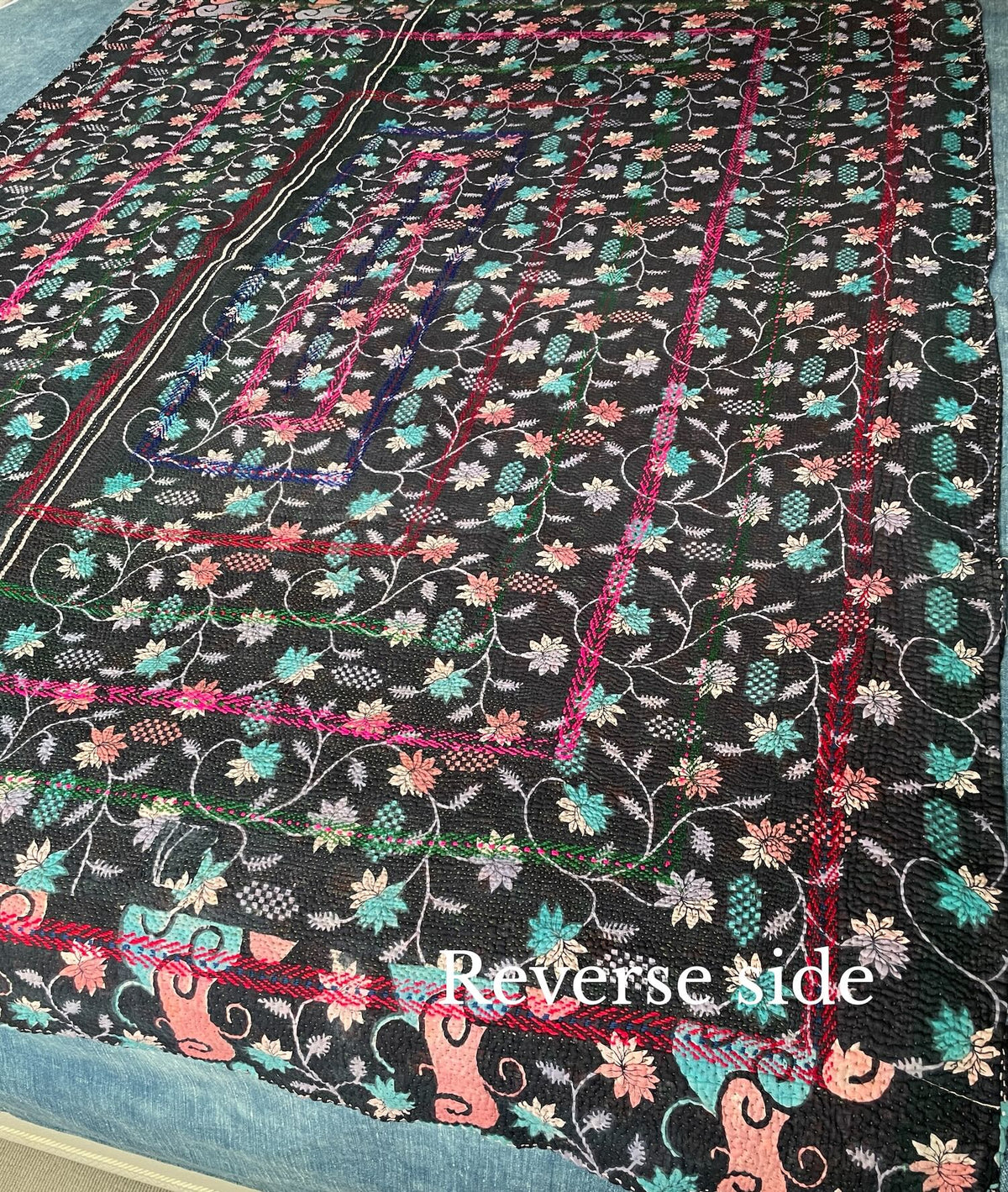 
                  
                    vintage kantha embroidered quilt in white pink. green cotton bedspread sofa throw washable uk
                  
                