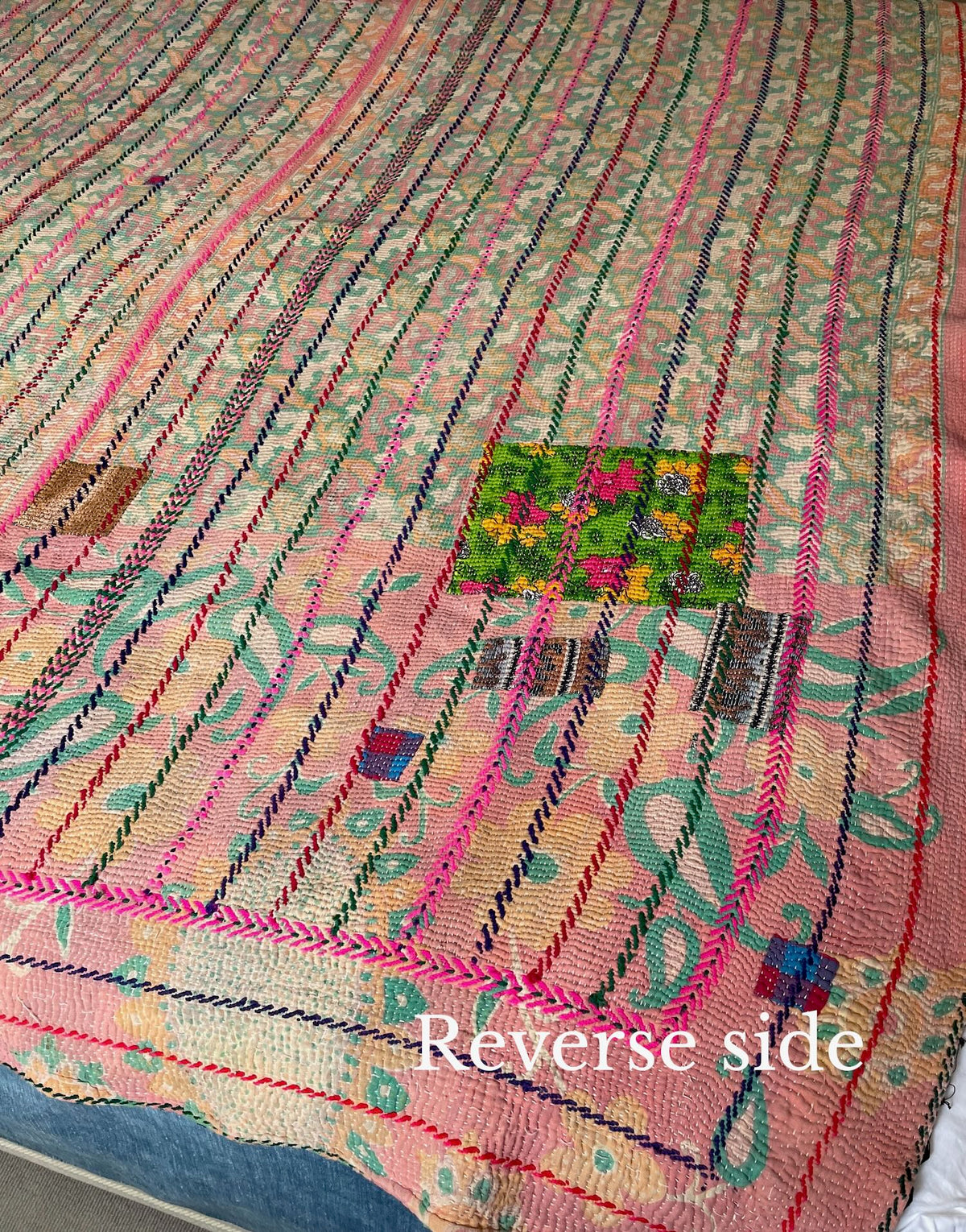 
                  
                    pale pink green embroidered kantha quilt cotton sofa throw cotton bedspread washable uk
                  
                