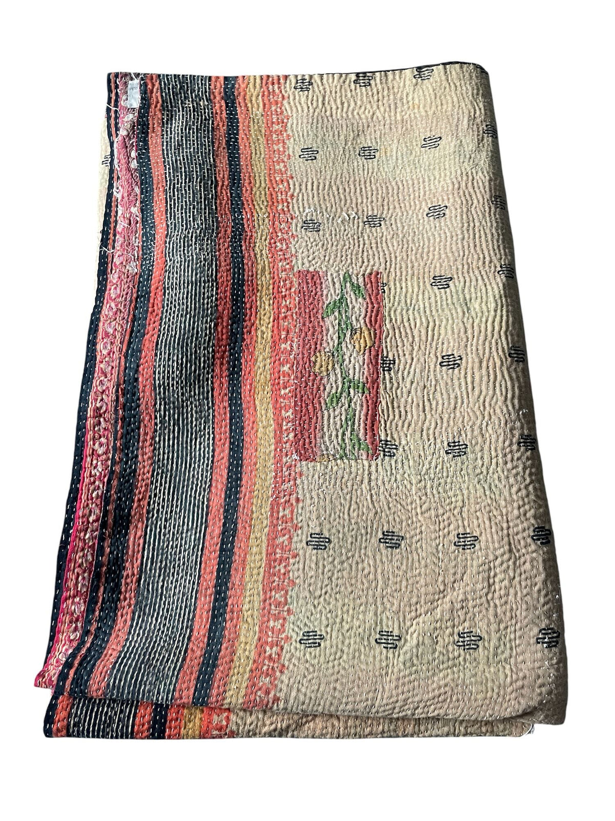 
                  
                    cream coral black striped vintage kantha quilt cotton washable single bedspread handstitched UK
                  
                