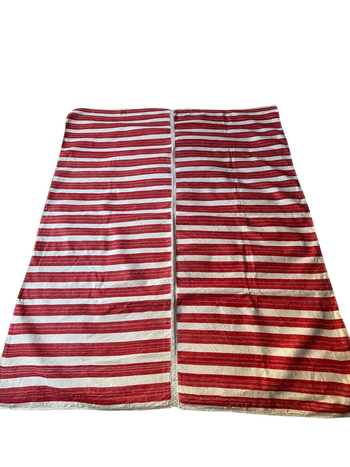red white striped rustic textile  narrow loom east european cotton and hemp upholstery fabric