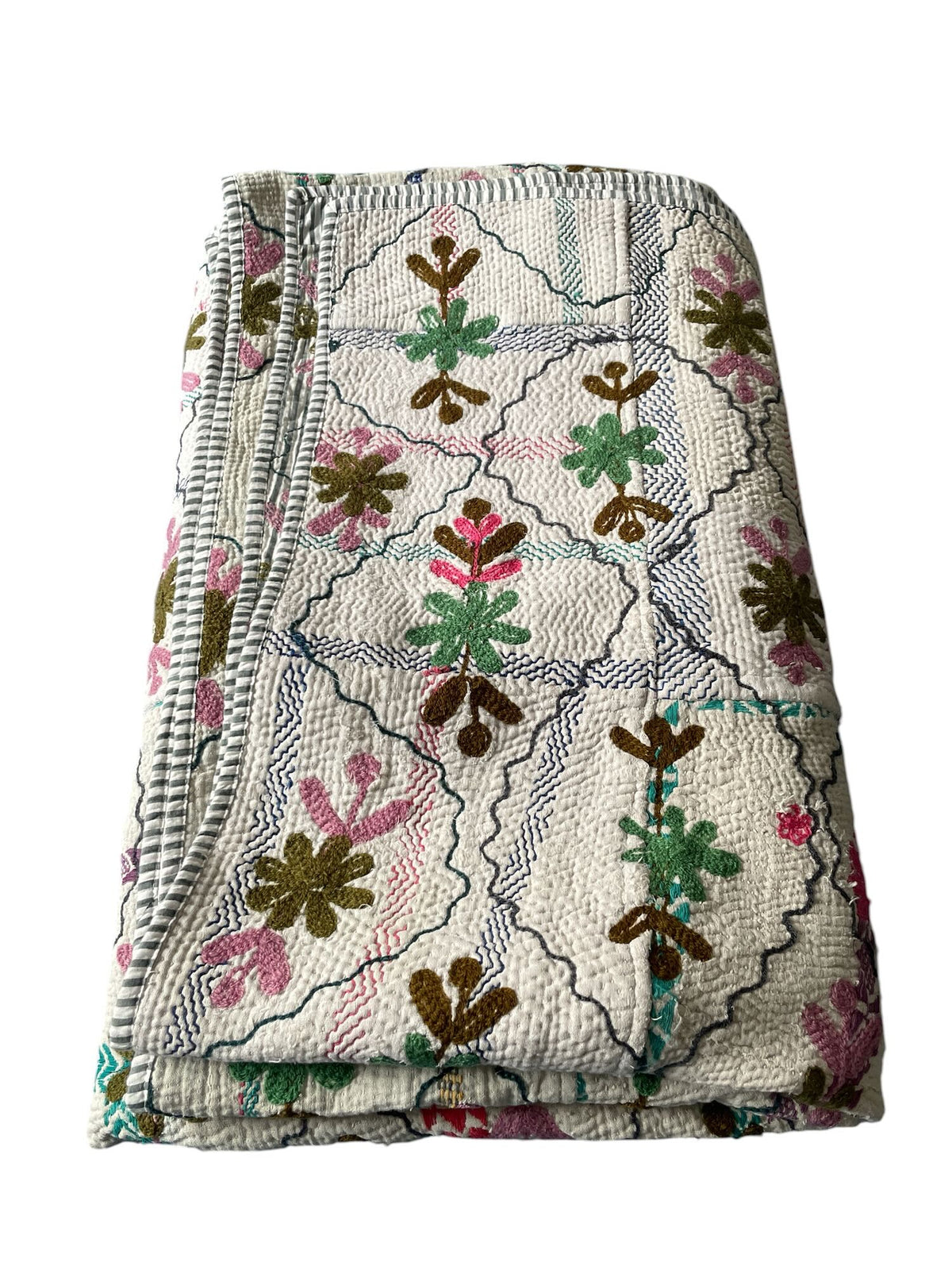 
                  
                    white pink green embroidered bedspread vintage kantha quilt cotton comforter washable sofa throw
                  
                