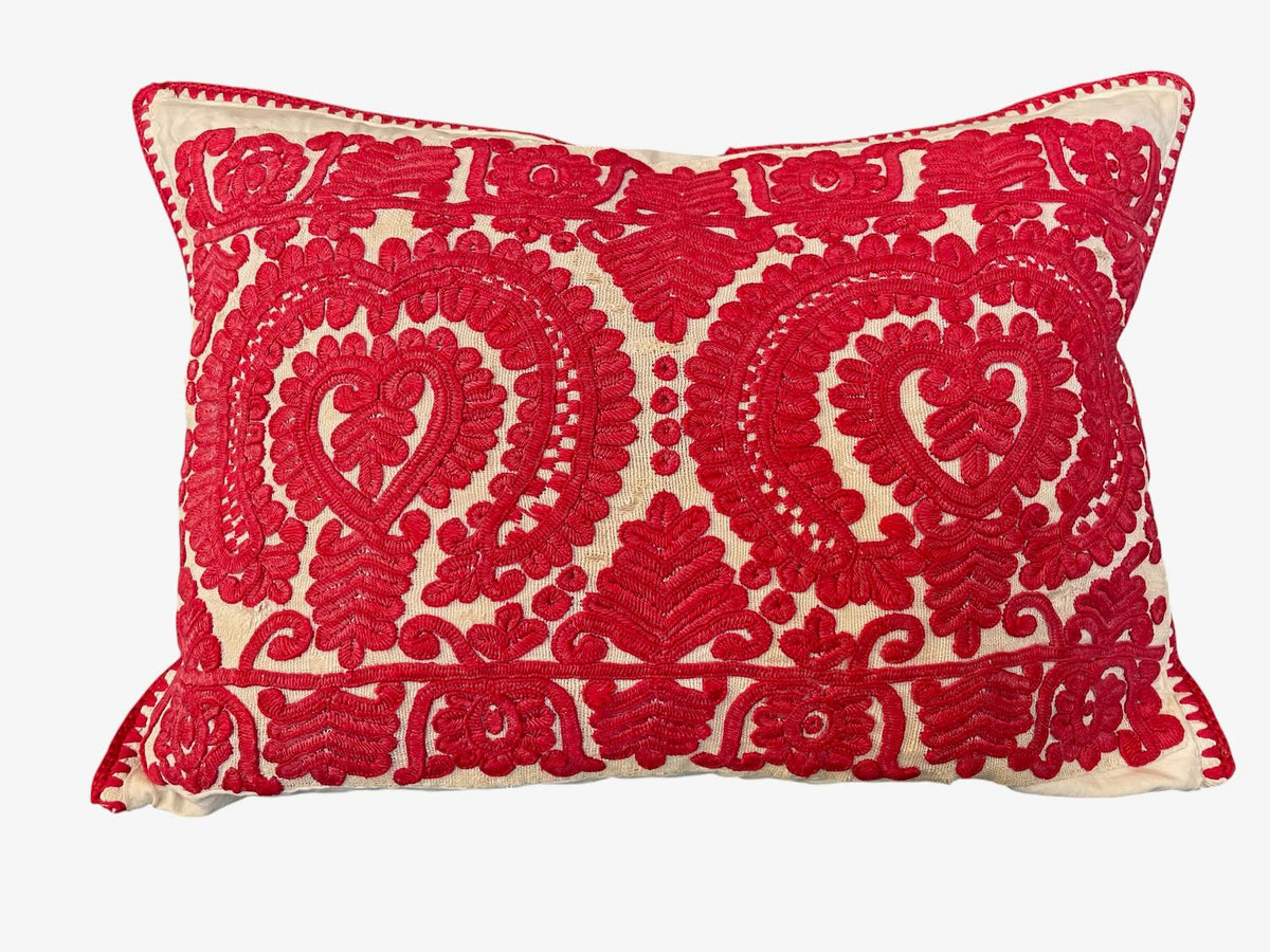 
                  
                    raspberry red embroidered irasos cushion vintage hungarian folk art couch pillow UK
                  
                