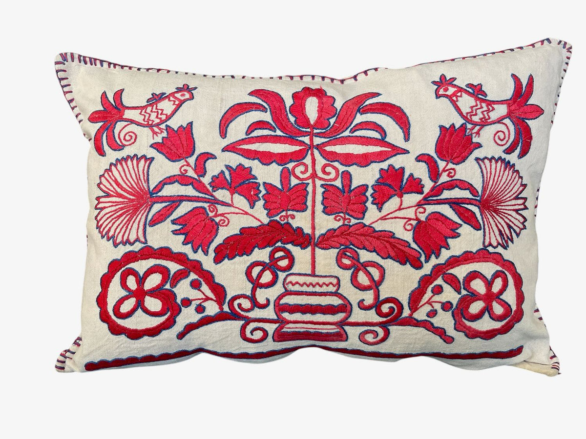
                  
                    red blue embroidered cushion floral bird design pillow rustic folk art textile east european
                  
                