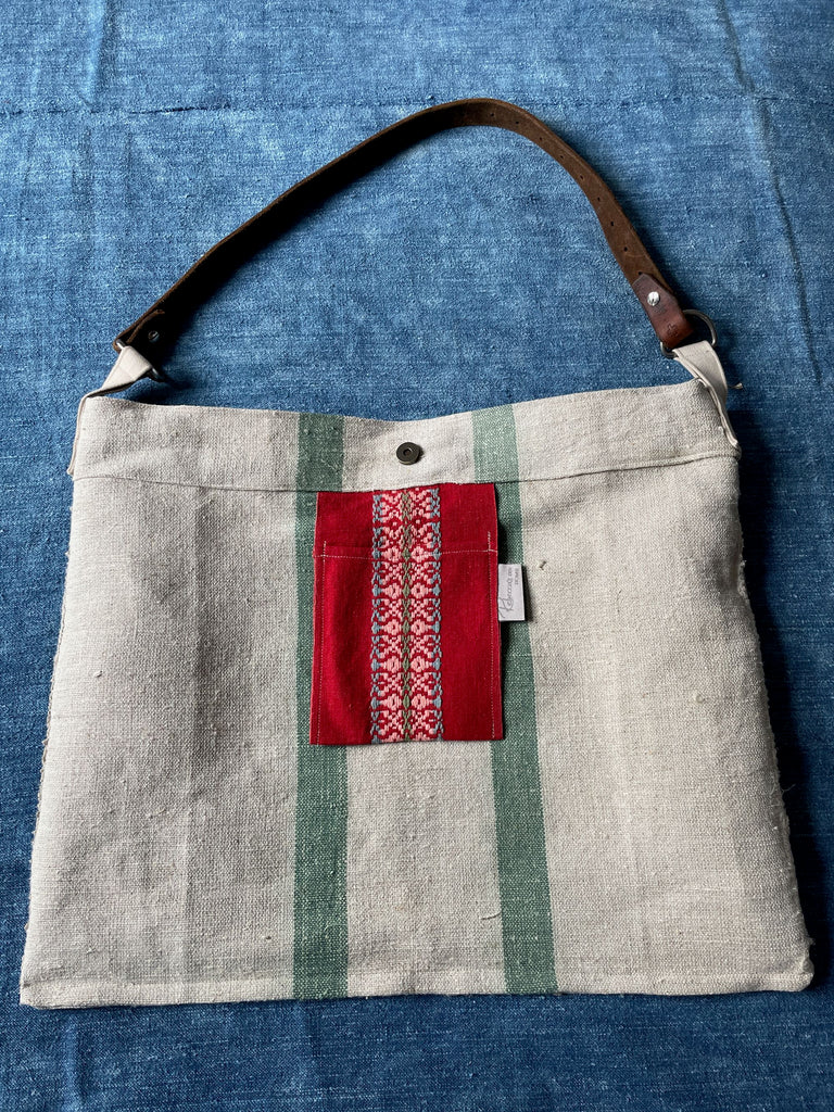 soft green stripe shoulder bag tote purse handmade hemp grain sack linen bag leather handle