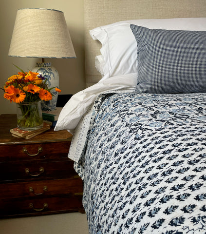 blue white block print patchwork bedspread quilt bedcover comforter cotton machine washable handmade