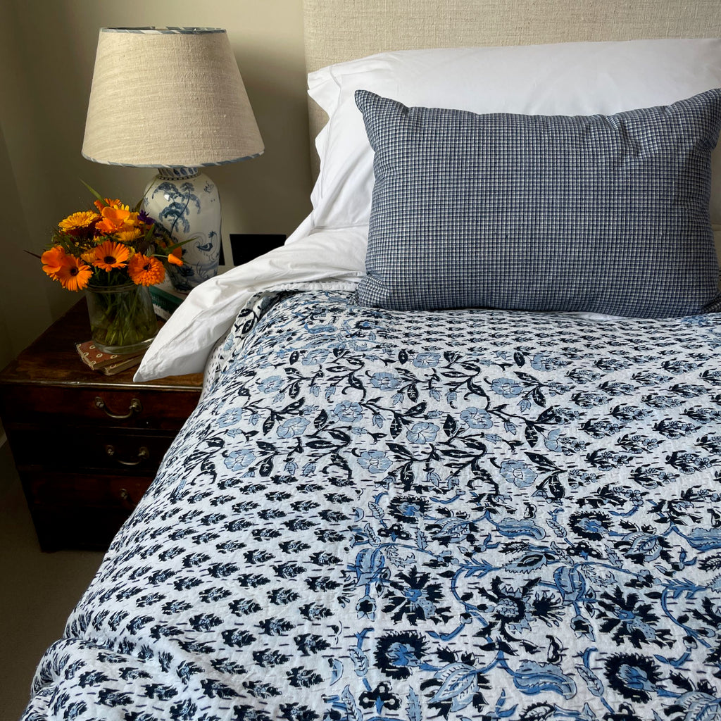 blue white block print patchwork bedspread single bedcover comforter cotton handmade washable