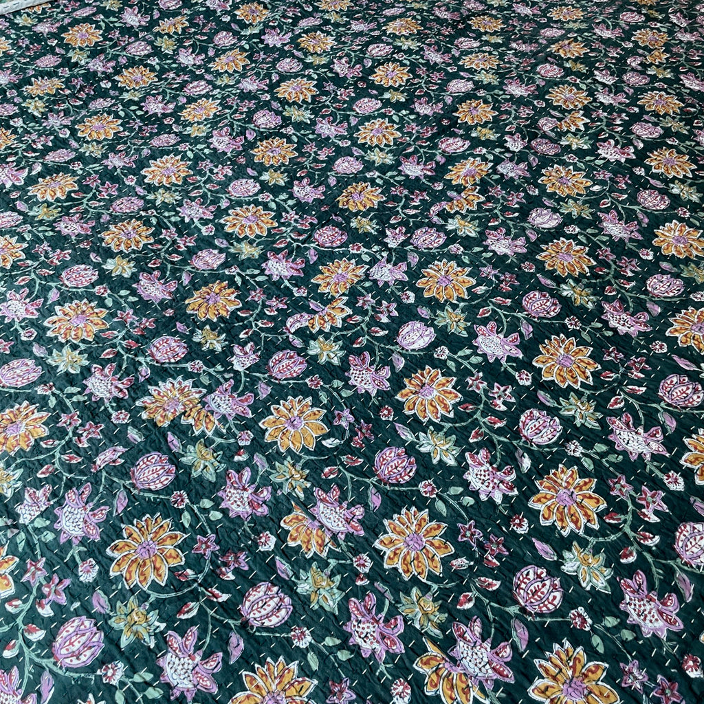 dark green lotus flower pink purple yellow cotton kantha bedspread quilt comforter washable