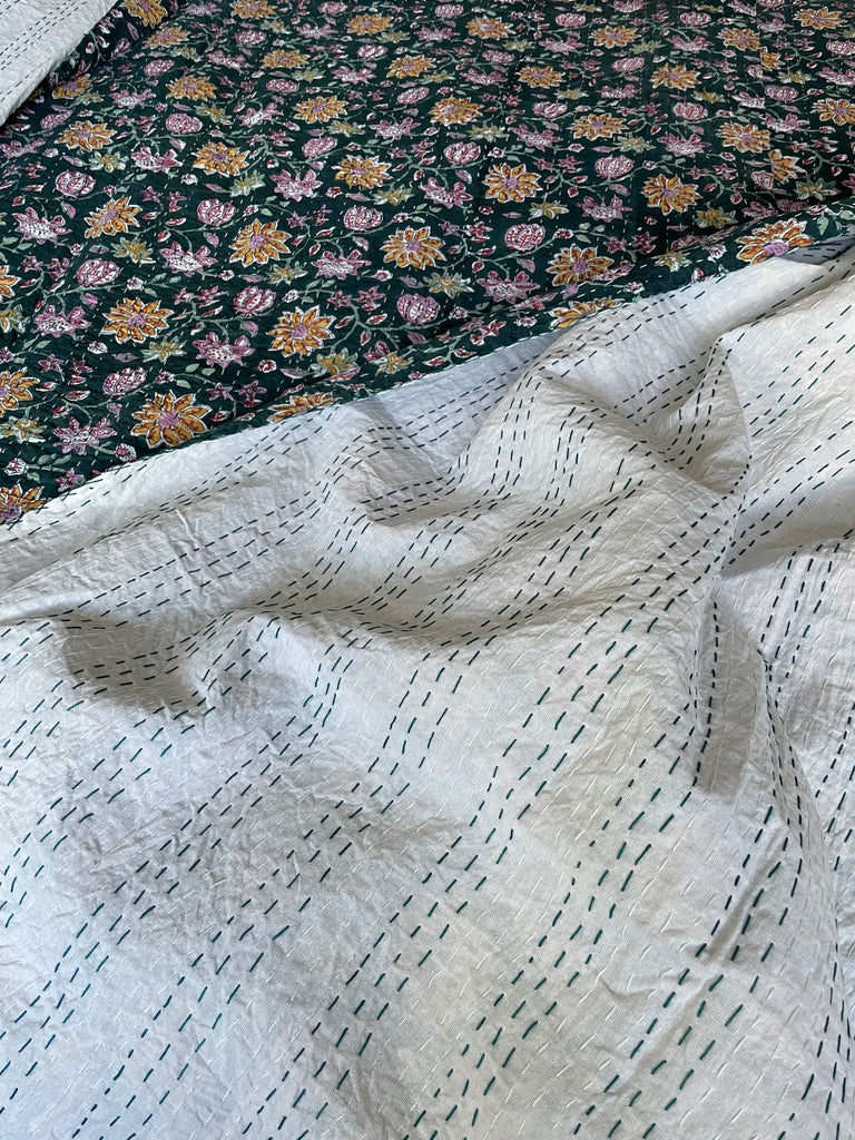 dark green lotus flower pink purple yellow cotton kantha bedspread quilt comforter handmade
