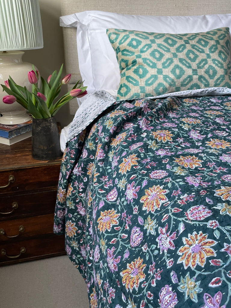 dark green lotus flower pink purple yellow cotton kantha bedspread quilt comforter block printed