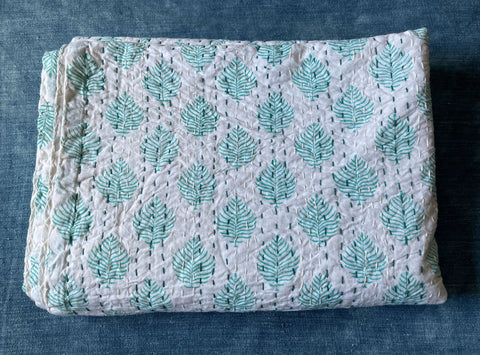 mint green aqua leaf block print patterned single kantha quilt bedcover bedspread comforter cotton