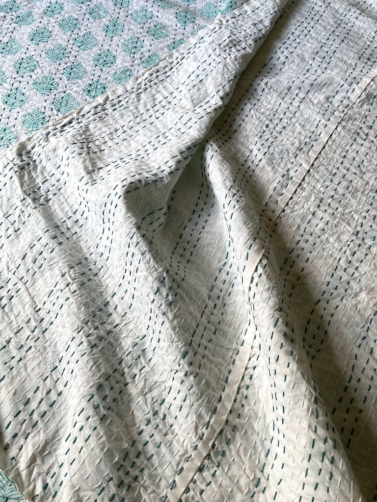 mint green aqua leaf block print patterned single kantha quilt bedcover bedspread comforter cotton
