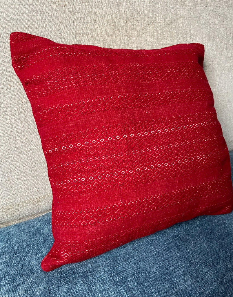 large square red cushions made from vintage woven fabric from East Europe with polyester insert 