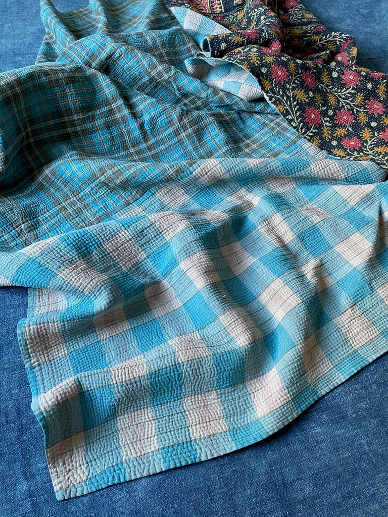 blue check kantha quilt bedspread sofa throw picnic blanket cotton handmade comforter washable