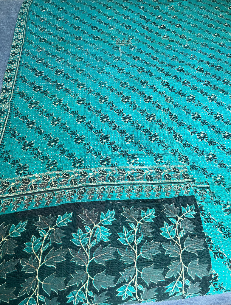 turquoise kantha quilt bedspread cotton comforter handmade and machine washable