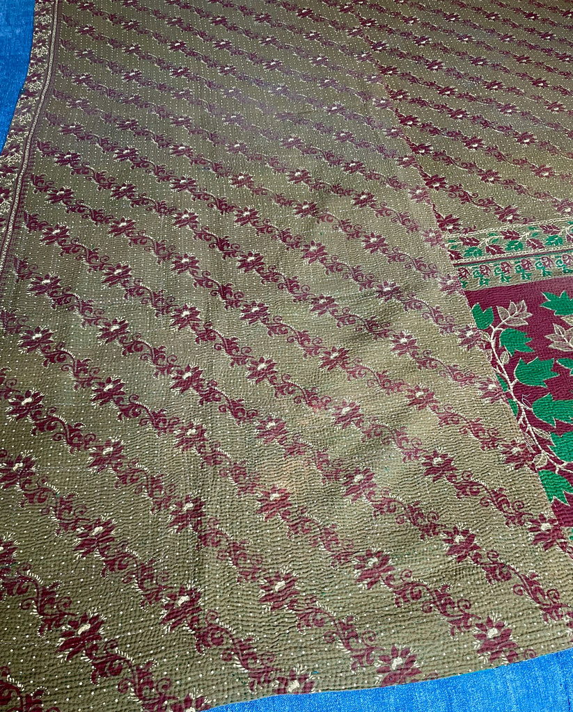 khaki green and turquoise kantha quilt bedspread cotton comforter handmade and machine washable