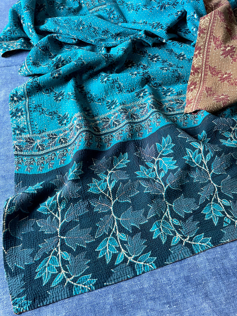 turquoise kantha quilt bedspread cotton comforter handmade and machine washable