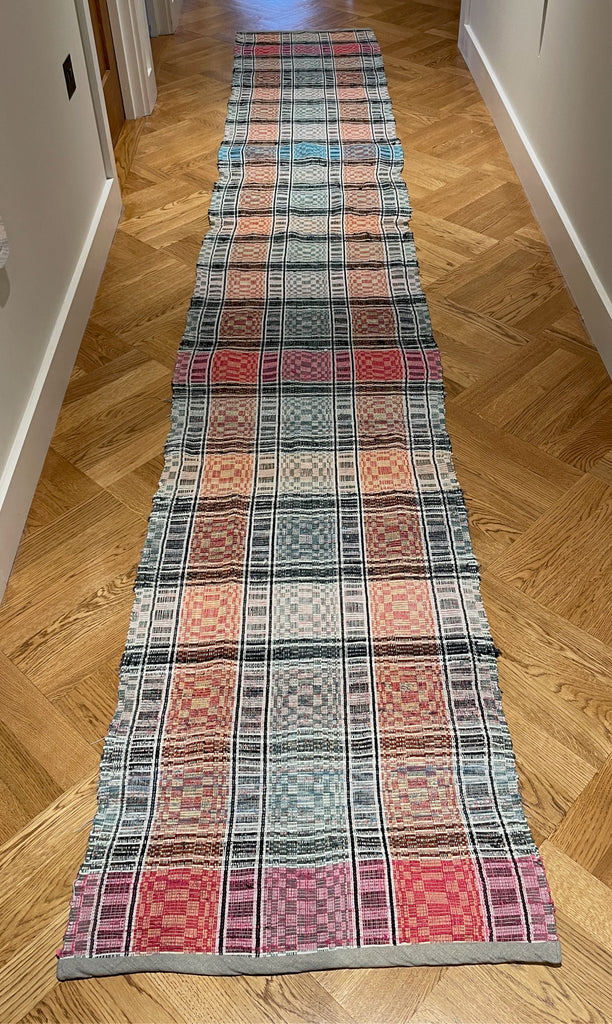 pink blue grey check stripe long cotton vintage floor runner entry way mat. Hungarian handmade rug