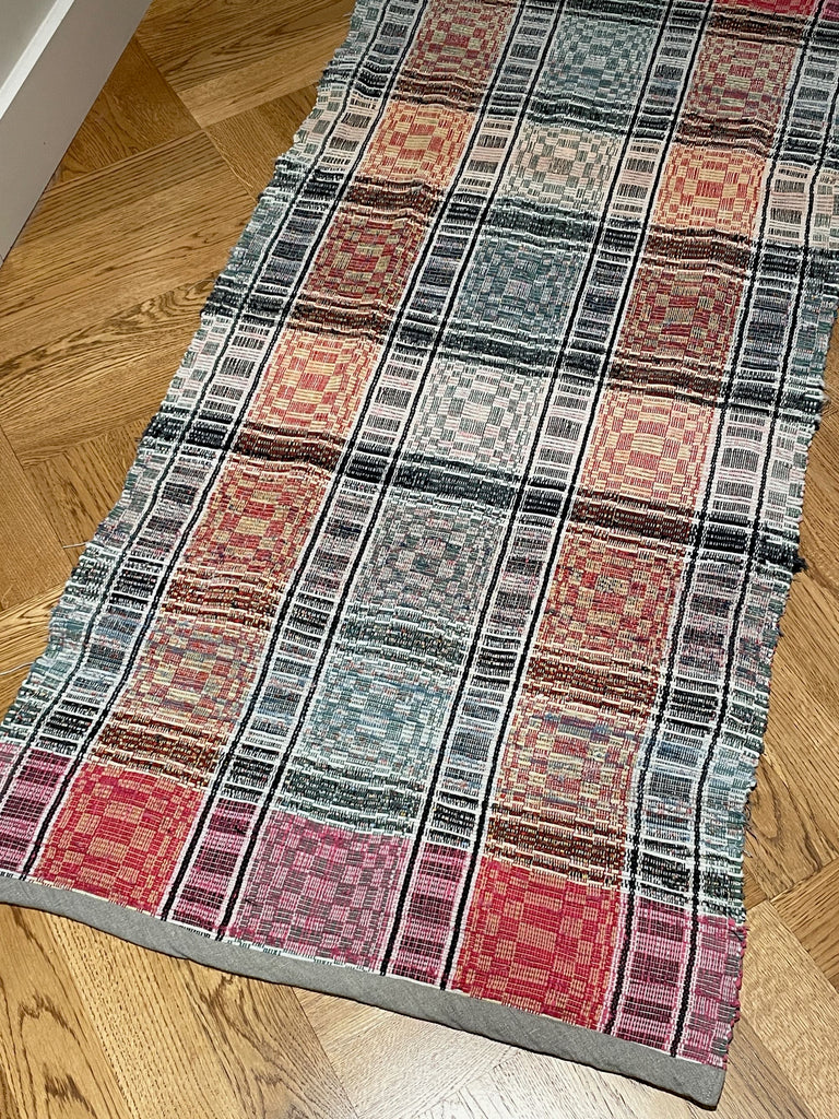 pink blue grey check stripe long cotton vintage floor runner entry way mat. Hungarian handmade rug