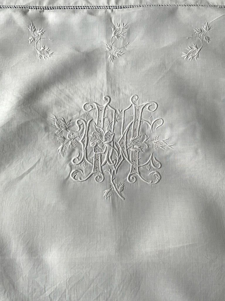 antique french embroidered square pillow cover with monogram JC. Fine white linen with flowers