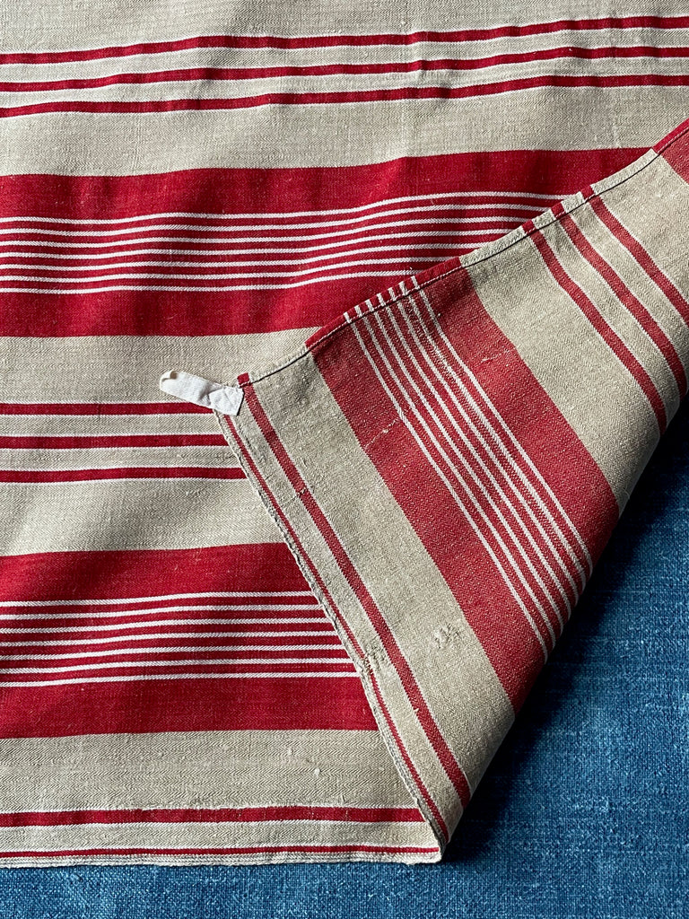 vintage red and beige stripe tea towel linen french torchon or use as hand towel or table napkins 