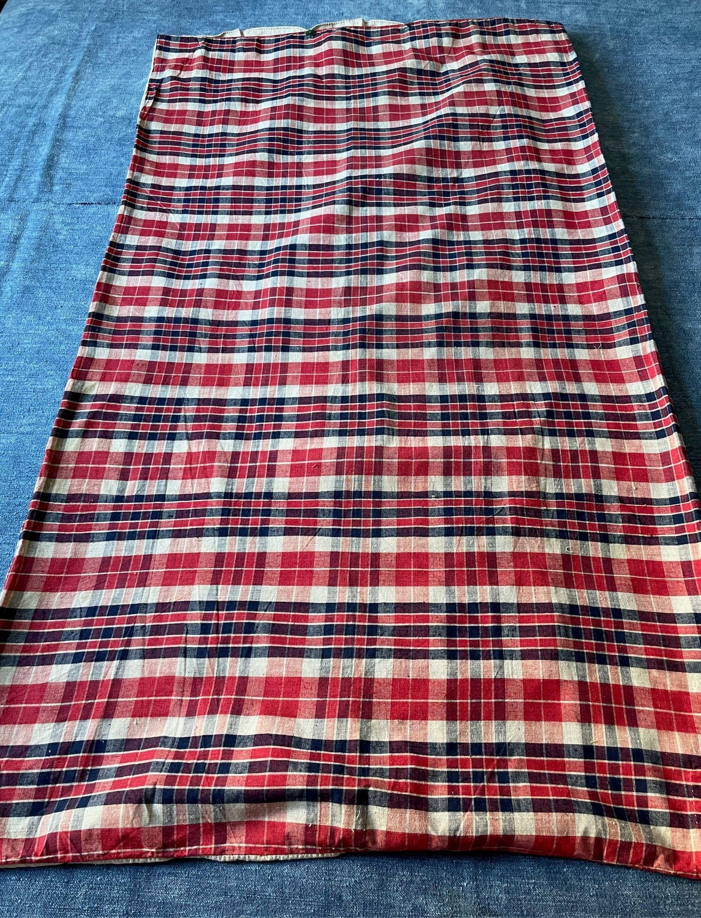 
                  
                    antique french kelsch pillow cover fabric for cushions in red blue and white check linen
                  
                