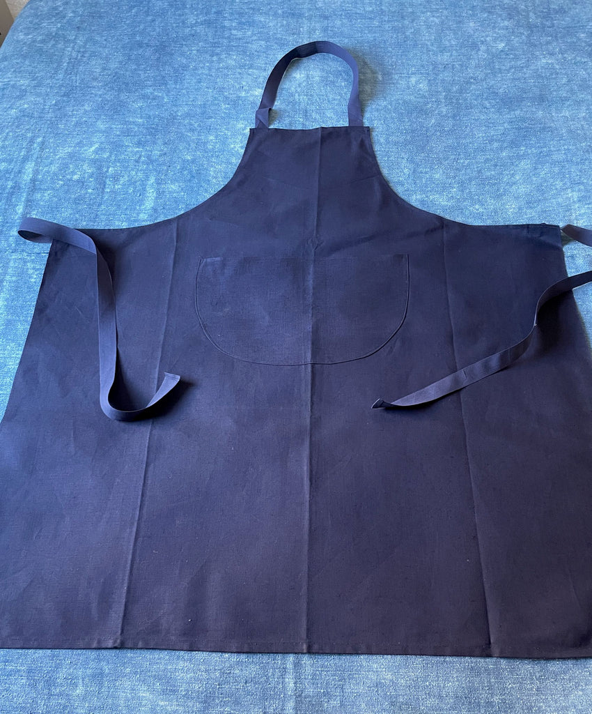 long blue french linen apron vintage tablier for kitchen or restaurant film prop costume