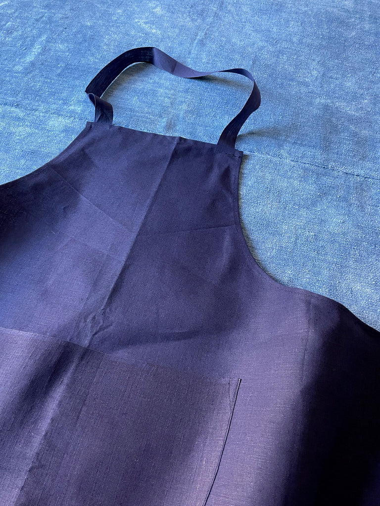 long blue french linen apron vintage tablier for kitchen or restaurant film prop costume