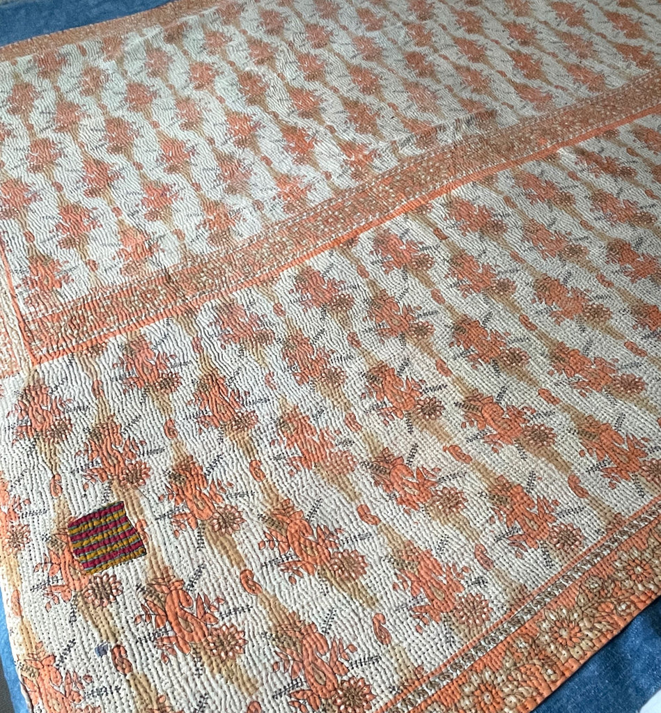 soft orange coral cotton kantha bedspread machine washable hand stitched quilt comforter