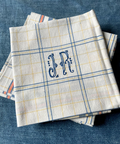 white blue orange check napkin monogrammed JR vintage French linen table linen set of six