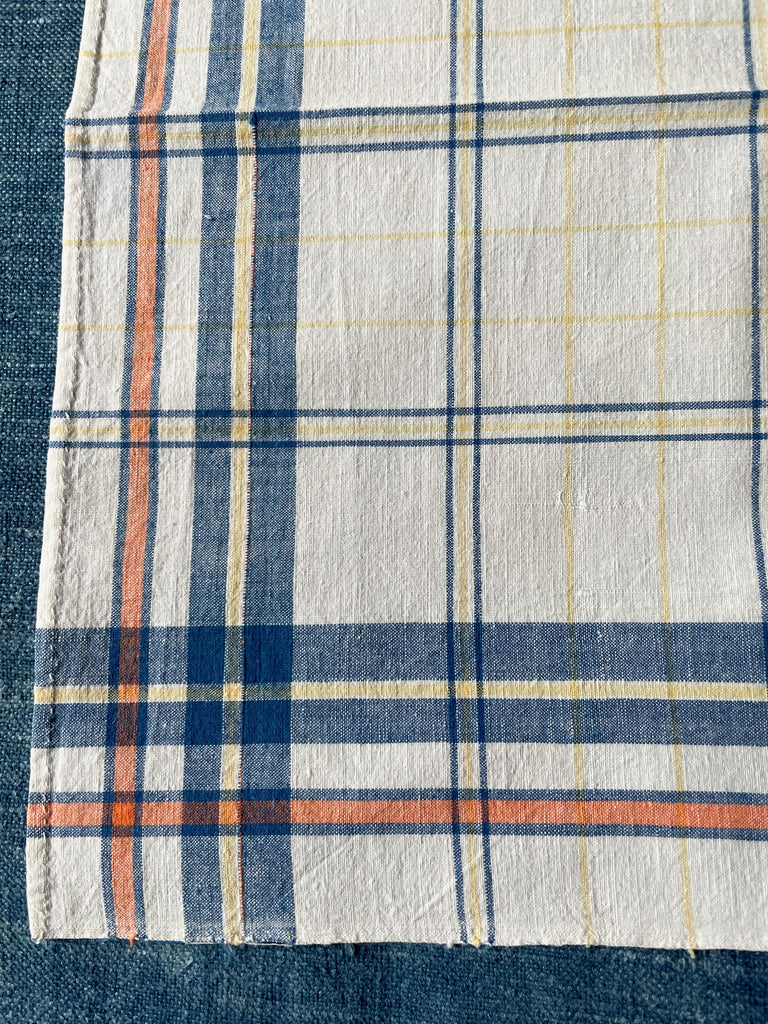 white blue orange check napkin monogrammed JR vintage French linen table linen set of six