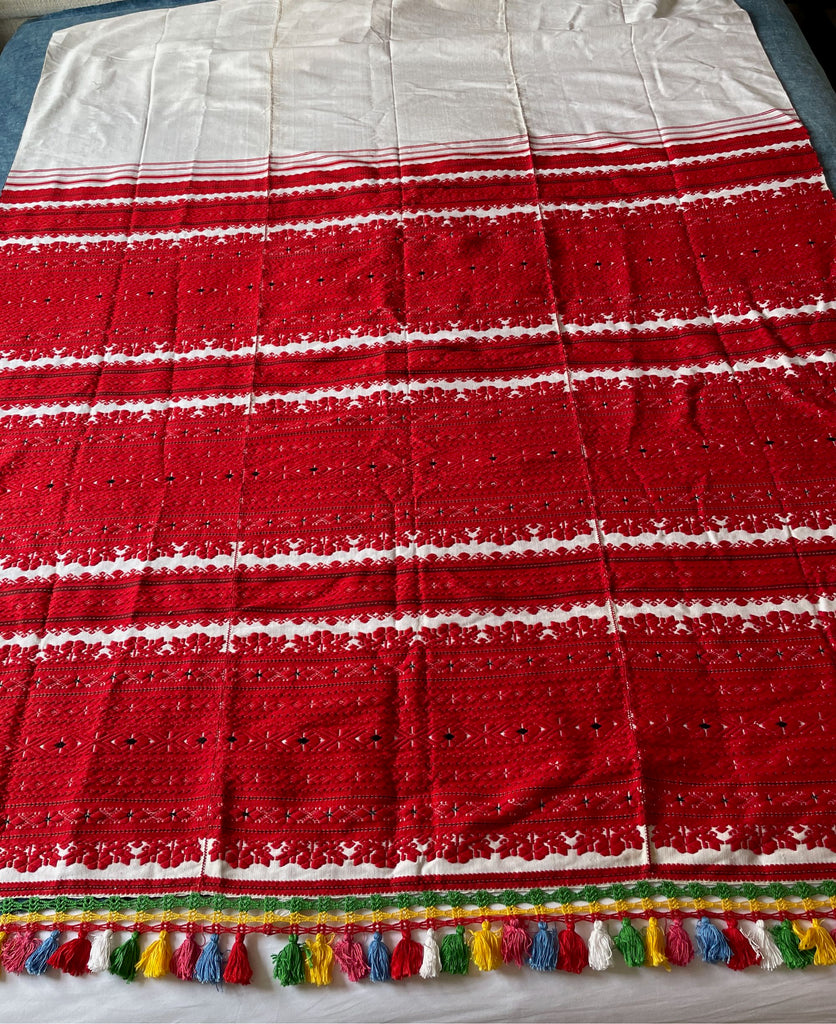 vintage red woven bedcover from Hungary, use as wall hanging or curtain with colourful tassels