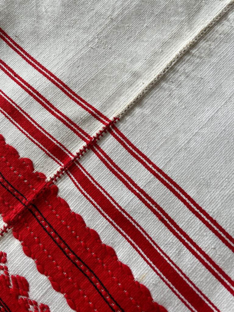 vintage red woven bedcover from Hungary, use as wall hanging or curtain with colourful tassels