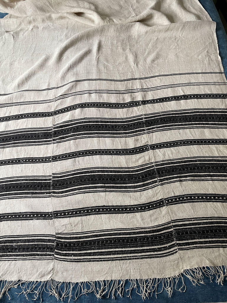 vintage black and beige stripe curtain hemp fabric for bedspread or curtain east european textiles.