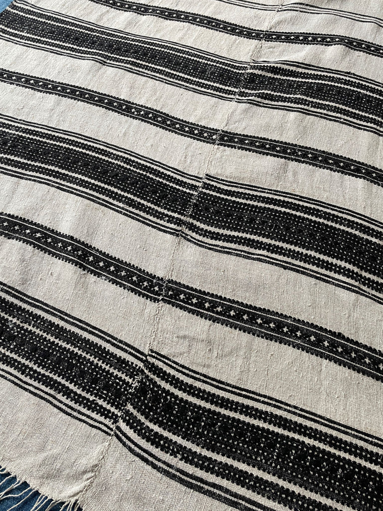 vintage black and beige stripe curtain hemp fabric for bedspread or curtain east european textiles.