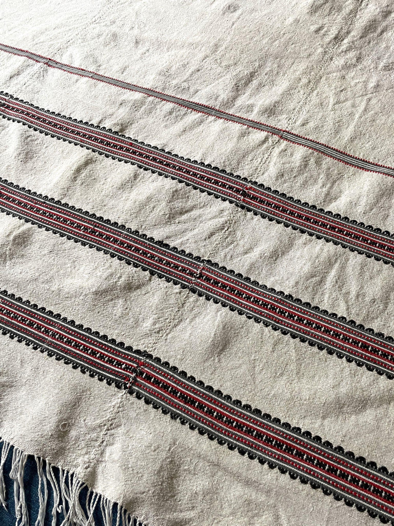 red black stripe woven hemp bedcover or curtain upholstery fabric hard wearing vintage textiles