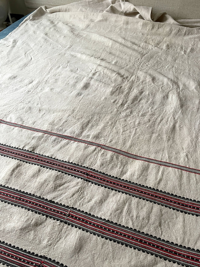 red black stripe woven hemp bedcover or curtain upholstery fabric hard wearing vintage textiles