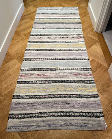pale coloured striped swedish rag rug, mat, carpet, vintage hand made floor covering