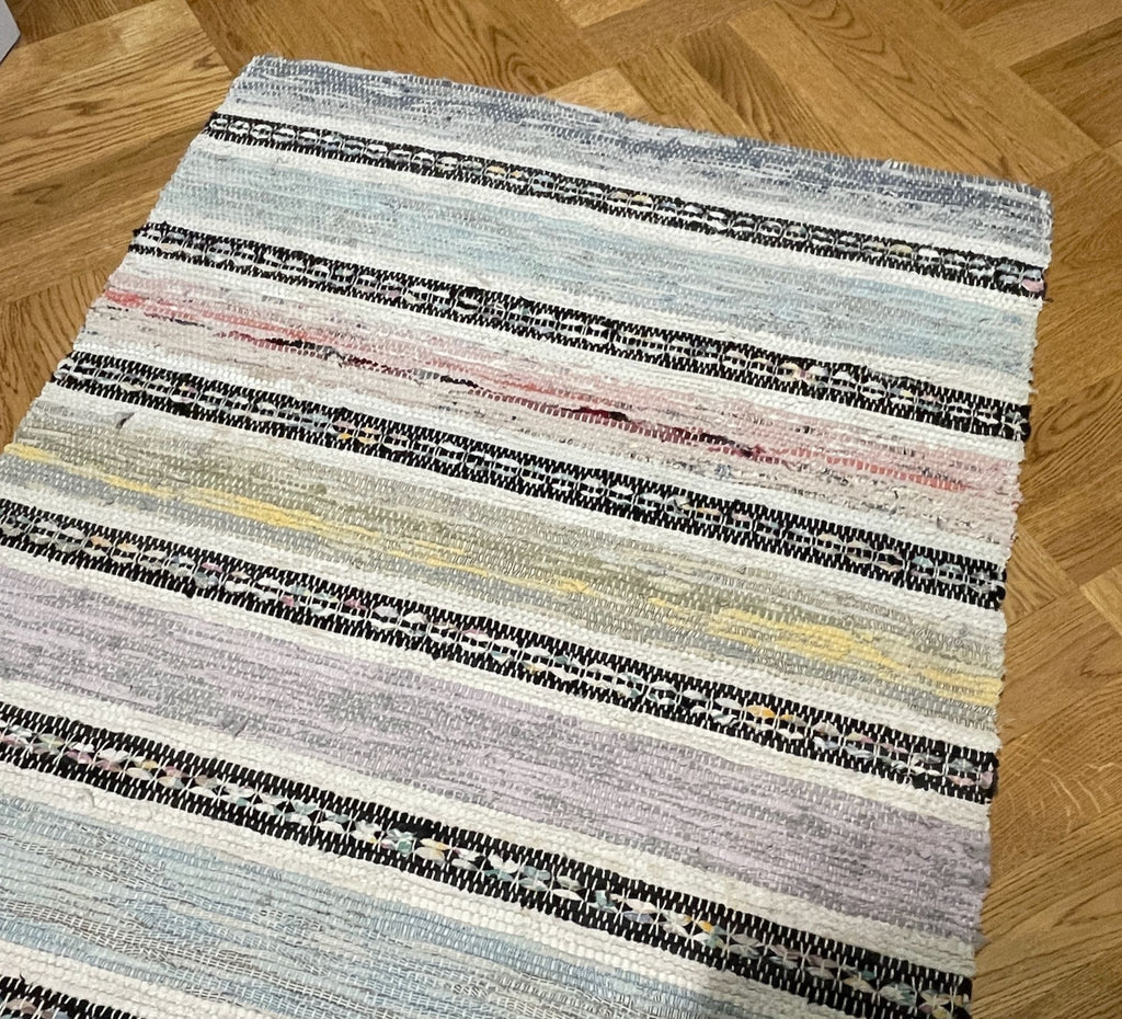 pale coloured striped swedish rag rug, entry way mat, carpet, vintage hand made floor covering