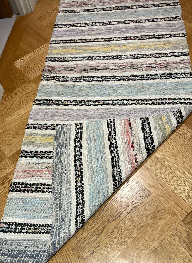 pale coloured striped swedish rag rug, mat, carpet, vintage hand made floor covering