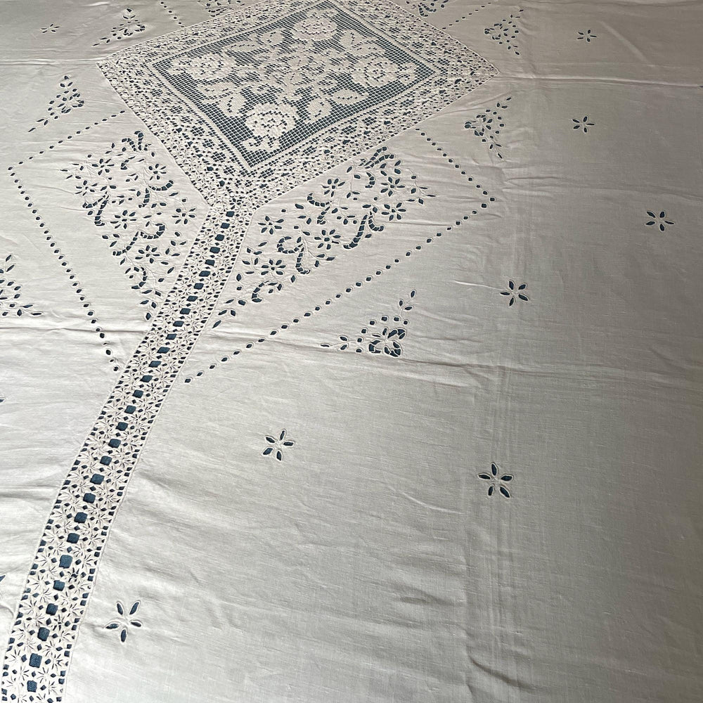 
                  
                    vintage French linen curtain embroidered with cutwork flowers, white sheer Paris window treatment
                  
                
