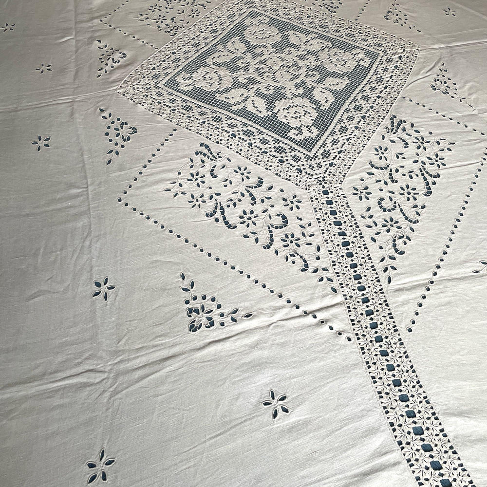 
                  
                    vintage French linen curtain embroidered with cutwork flowers, soft white sheer window treatment
                  
                