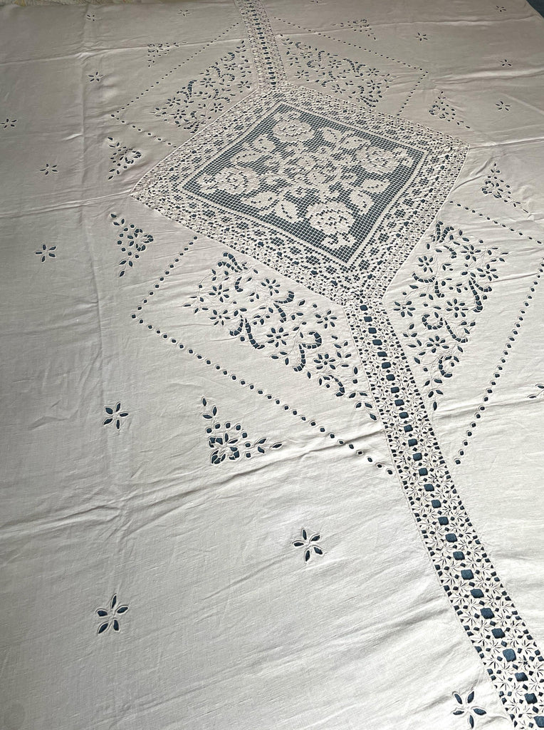 vintage French linen curtain embroidered with cutwork flowers, soft white sheer window treatment