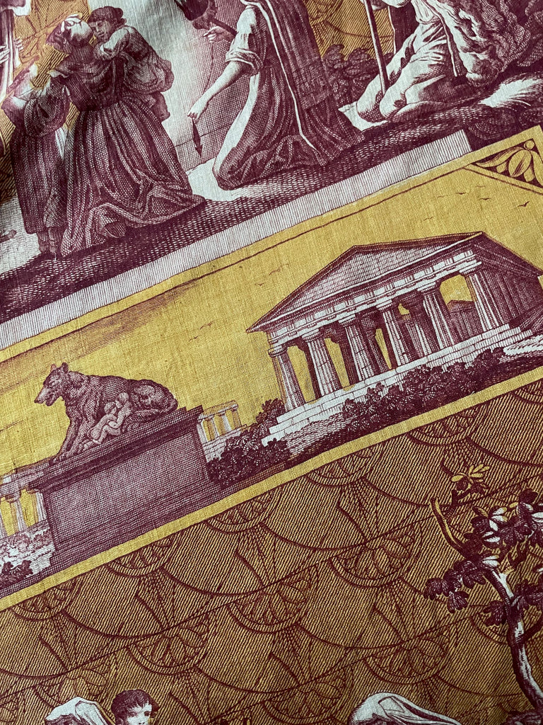 purple yellow toile de jouy fabric bedcover antique French cotton fabric le Romain Rome