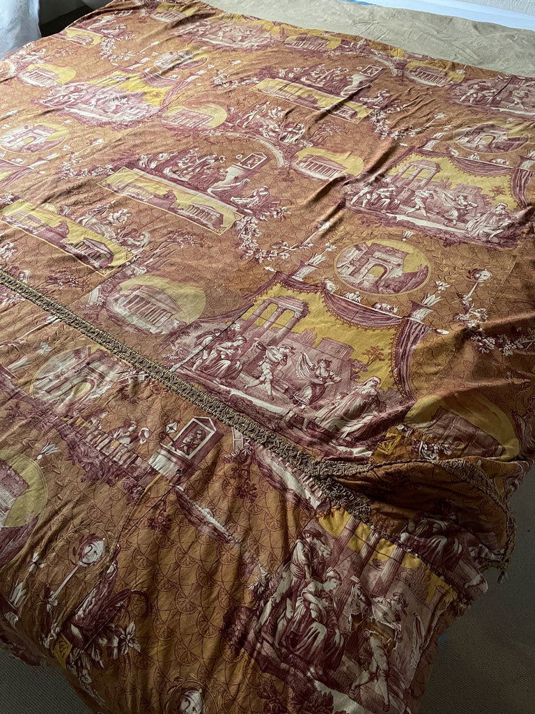 purple yellow toile de jouy fabric bedcover antique French cotton fabric le Romain daybed fabric
